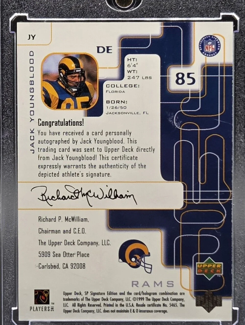 Jack Youngblood 1999 Upper Deck SP Signature Edition On-Card Autograph – LA Rams